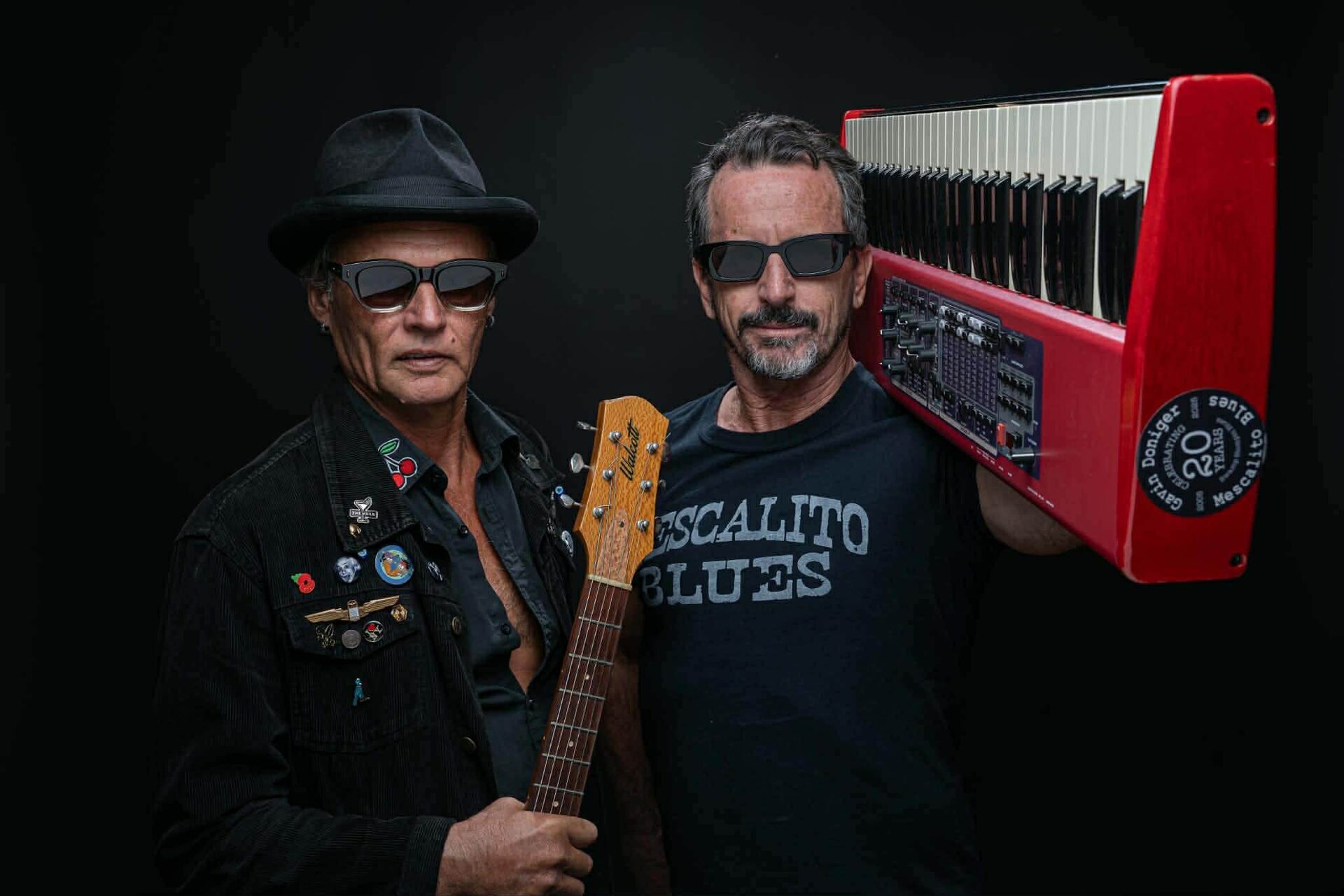 Gavin Doniger with guitar and Steve Savage with red Nord keyboard — Mescalito Blues