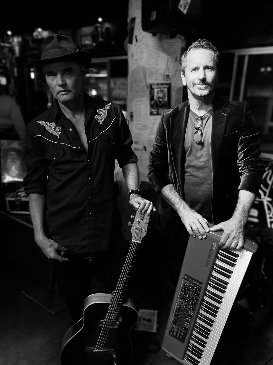 Gavin Doniger and Steve Savage — Mescalito Blues duo, black and white